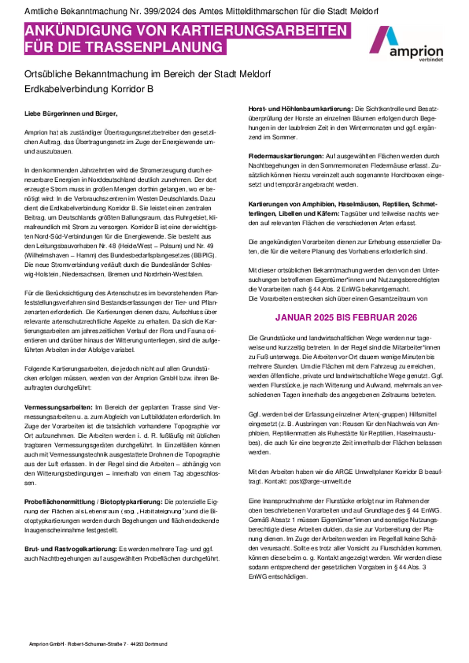 Nr. 399 Ortsübliche Bekanntmachung im Bereich der Stadt Meldorf Erdkabelverbindung Korridor B